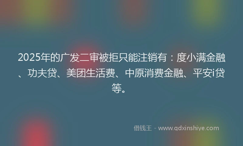 2025年的广发二审被拒只能注销有：度小满金融、功夫贷、美团生活费、中原消费金融、平安i贷等。