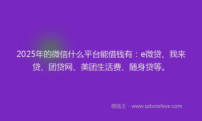 2025年的微信什么平台能借钱有：e微贷、我来贷、团贷网、美团生活费、随身贷等。