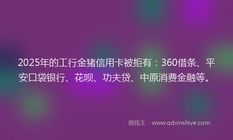 2025年的工行金猪信用卡被拒有：360借条、平安口袋银行、花呗、功夫贷、中原消费金融等。