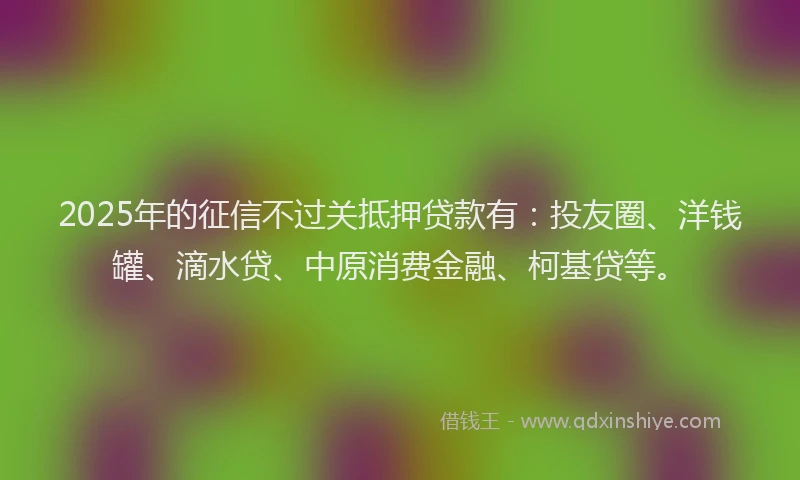 2025年的征信不过关抵押贷款有：投友圈、洋钱罐、滴水贷、中原消费金融、柯基贷等。