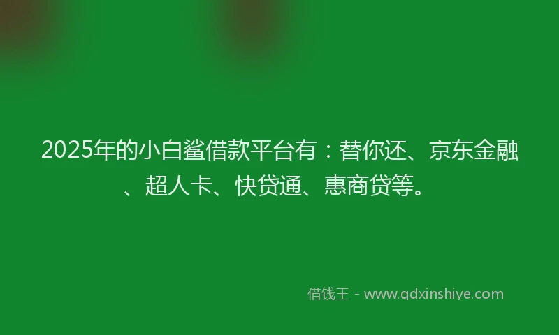 2025年的小白鲨借款平台有：替你还、京东金融、超人卡、快贷通、惠商贷等。