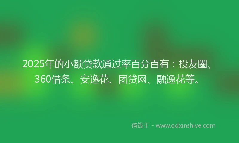 2025年的小额贷款通过率百分百有：投友圈、360借条、安逸花、团贷网、融逸花等。