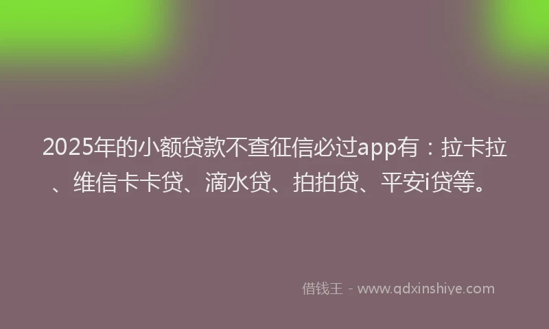 2025年的小额贷款不查征信必过app有：拉卡拉、维信卡卡贷、滴水贷、拍拍贷、平安i贷等。