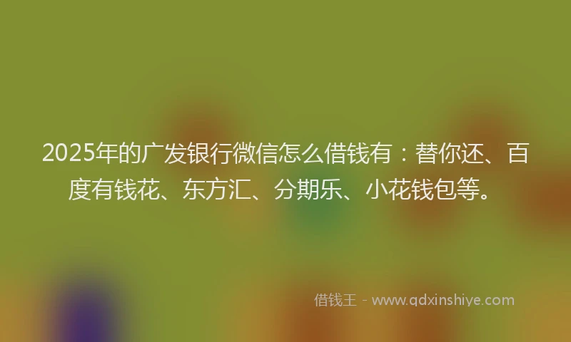 2025年的广发银行微信怎么借钱有：替你还、百度有钱花、东方汇、分期乐、小花钱包等。