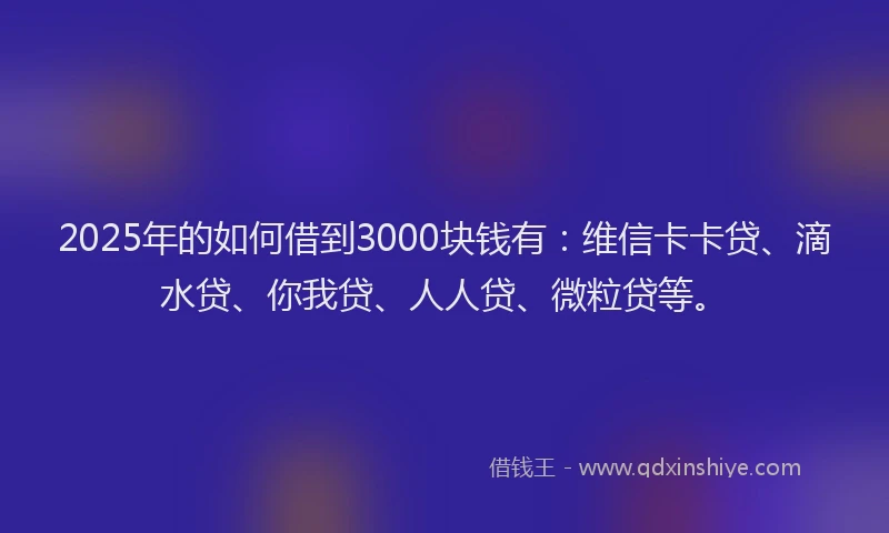 2025年的如何借到3000块钱有：维信卡卡贷、滴水贷、你我贷、人人贷、微粒贷等。