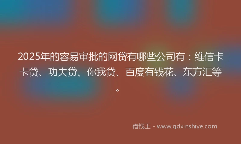 2025年的容易审批的网贷有哪些公司有：维信卡卡贷、功夫贷、你我贷、百度有钱花、东方汇等。