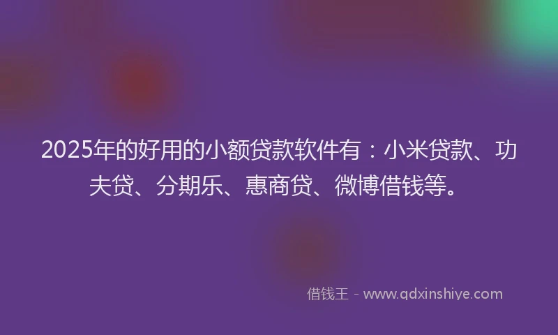 2025年的好用的小额贷款软件有：小米贷款、功夫贷、分期乐、惠商贷、微博借钱等。