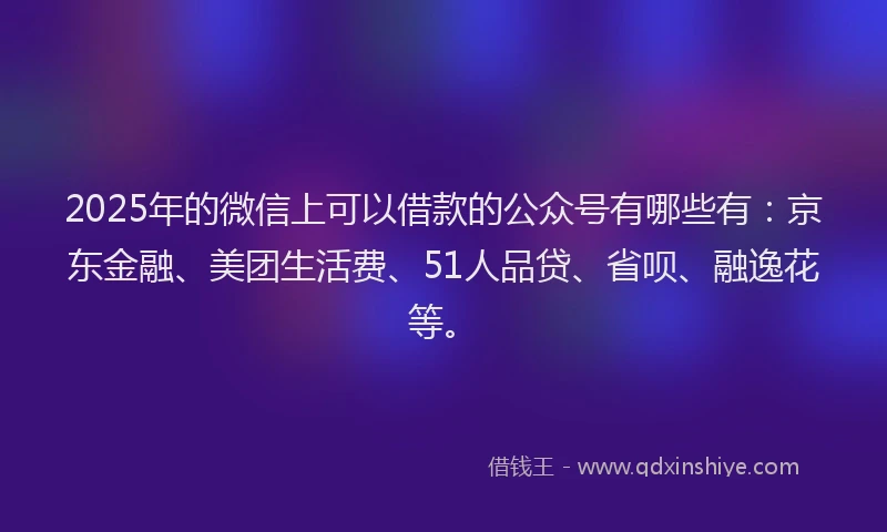 2025年的微信上可以借款的公众号有哪些有：京东金融、美团生活费、51人品贷、省呗、融逸花等。