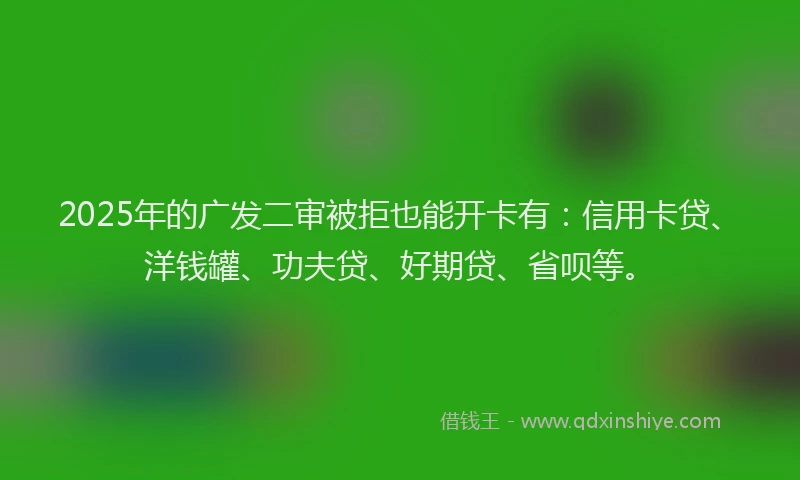 2025年的广发二审被拒也能开卡有：信用卡贷、洋钱罐、功夫贷、好期贷、省呗等。