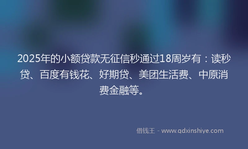 2025年的小额贷款无征信秒通过18周岁有：读秒贷、百度有钱花、好期贷、美团生活费、中原消费金融等。