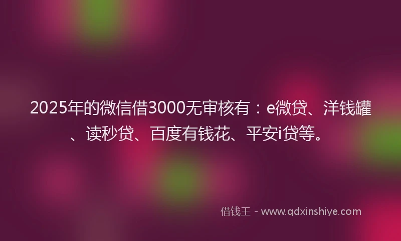 2025年的微信借3000无审核有：e微贷、洋钱罐、读秒贷、百度有钱花、平安i贷等。