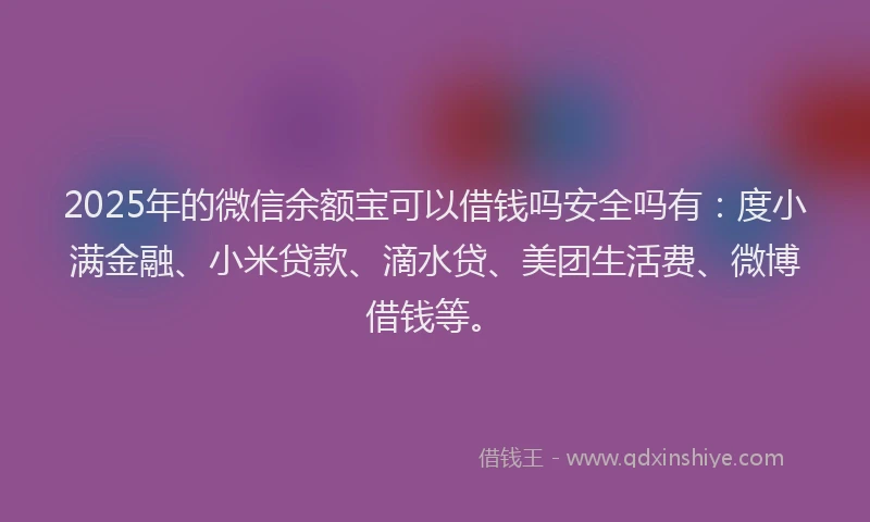2025年的微信余额宝可以借钱吗安全吗有：度小满金融、小米贷款、滴水贷、美团生活费、微博借钱等。