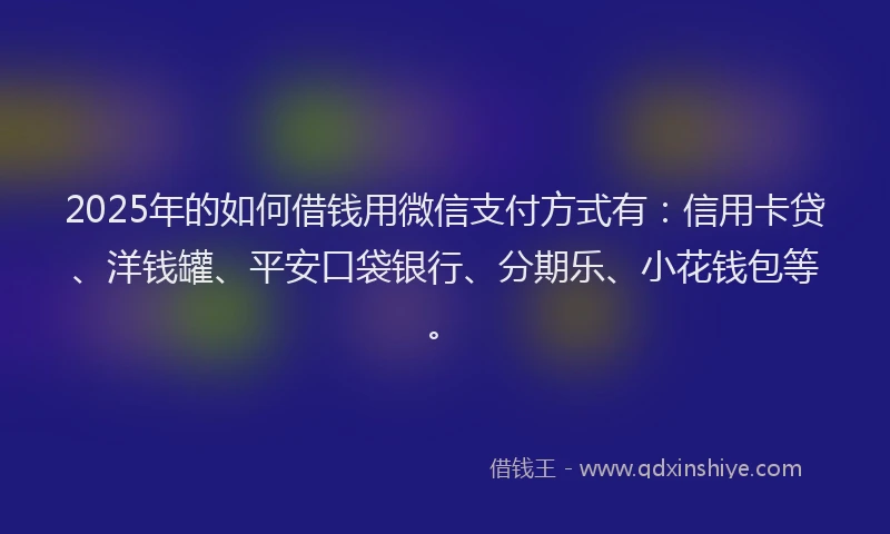 2025年的如何借钱用微信支付方式有：信用卡贷、洋钱罐、平安口袋银行、分期乐、小花钱包等。