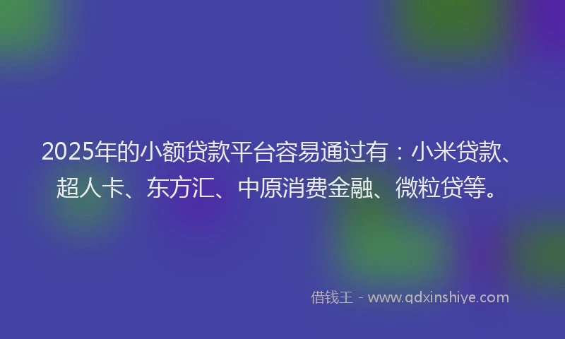 2025年的小额贷款平台容易通过有：小米贷款、超人卡、东方汇、中原消费金融、微粒贷等。
