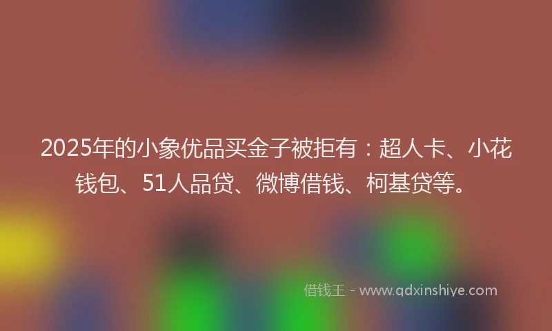 2025年的小象优品买金子被拒有：超人卡、小花钱包、51人品贷、微博借钱、柯基贷等。