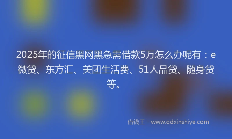 2025年的征信黑网黑急需借款5万怎么办呢有：e微贷、东方汇、美团生活费、51人品贷、随身贷等。
