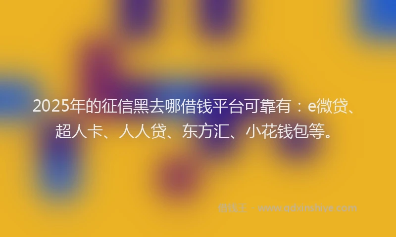 2025年的征信黑去哪借钱平台可靠有：e微贷、超人卡、人人贷、东方汇、小花钱包等。