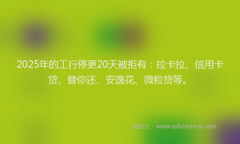 2025年的工行停更20天被拒有：拉卡拉、信用卡贷、替你还、安逸花、微粒贷等。