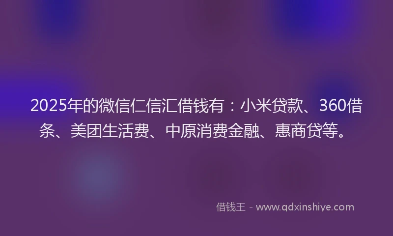 2025年的微信仁信汇借钱有：小米贷款、360借条、美团生活费、中原消费金融、惠商贷等。