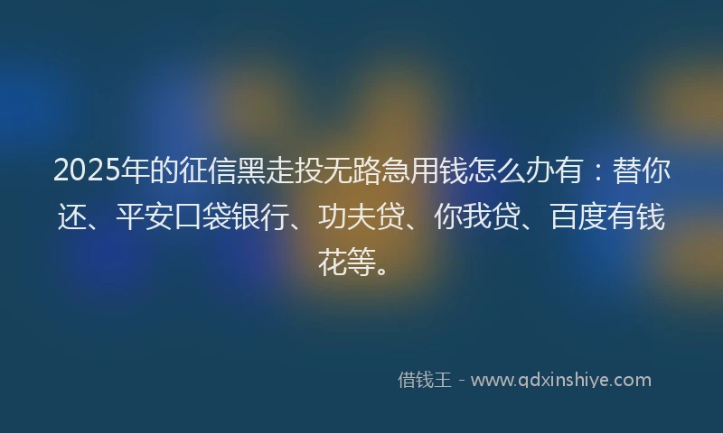2025年的征信黑走投无路急用钱怎么办有：替你还、平安口袋银行、功夫贷、你我贷、百度有钱花等。