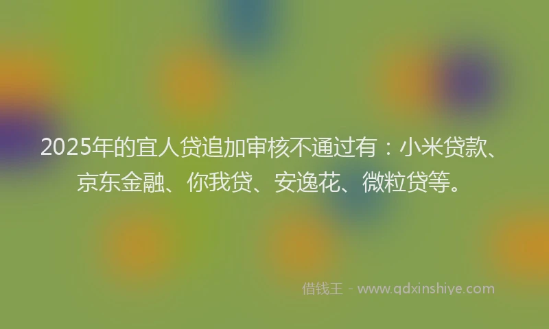 2025年的宜人贷追加审核不通过有：小米贷款、京东金融、你我贷、安逸花、微粒贷等。