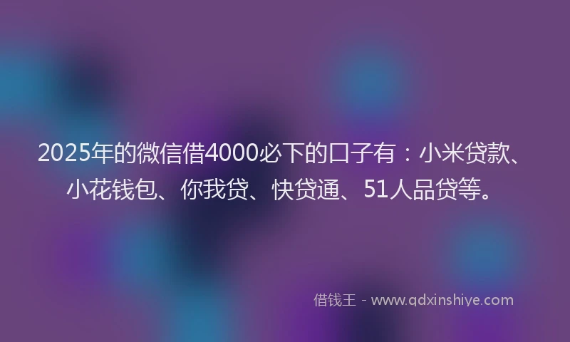 2025年的微信借4000必下的口子有：小米贷款、小花钱包、你我贷、快贷通、51人品贷等。