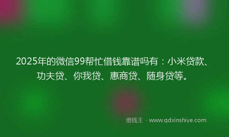 2025年的微信99帮忙借钱靠谱吗有：小米贷款、功夫贷、你我贷、惠商贷、随身贷等。