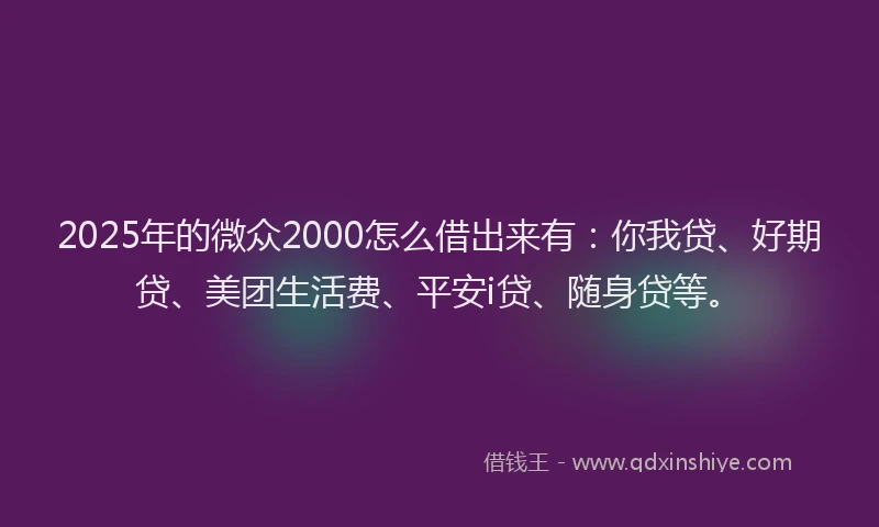 2025年的微众2000怎么借出来有：你我贷、好期贷、美团生活费、平安i贷、随身贷等。