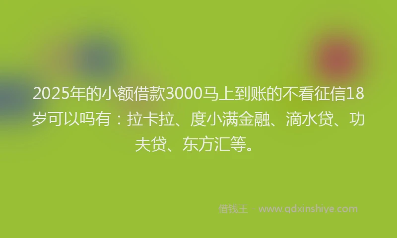 2025年的小额借款3000马上到账的不看征信18岁可以吗有：拉卡拉、度小满金融、滴水贷、功夫贷、东方汇等。