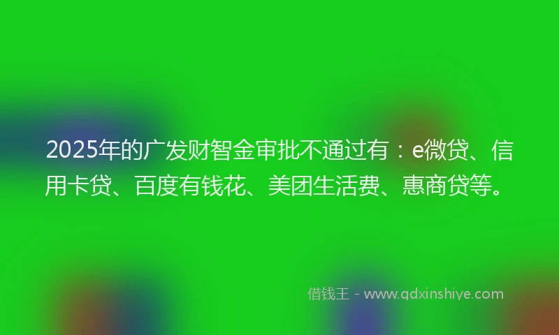 2025年的广发财智金审批不通过有：e微贷、信用卡贷、百度有钱花、美团生活费、惠商贷等。