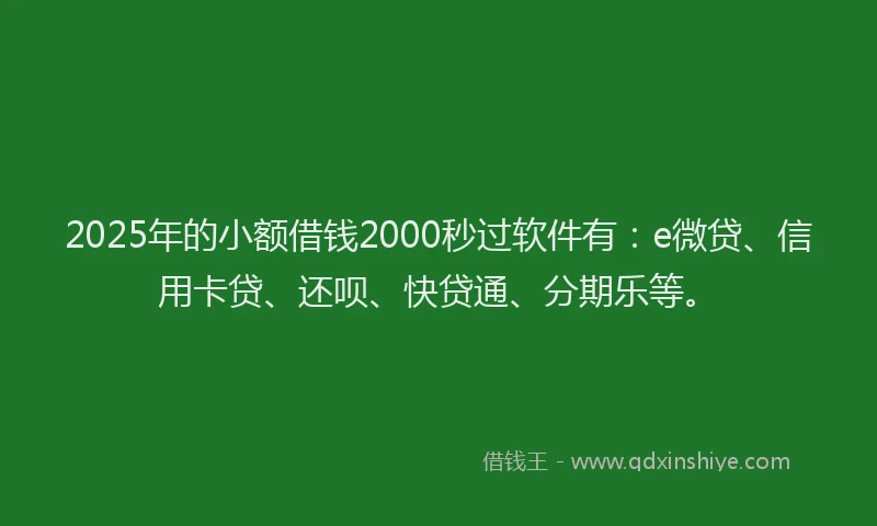 2025年的小额借钱2000秒过软件有：e微贷、信用卡贷、还呗、快贷通、分期乐等。