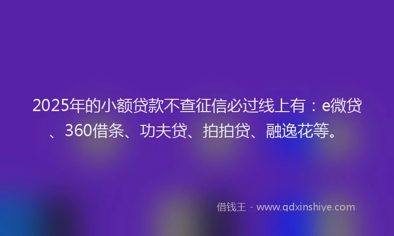 2025年的小额贷款不查征信必过线上有：e微贷、360借条、功夫贷、拍拍贷、融逸花等。