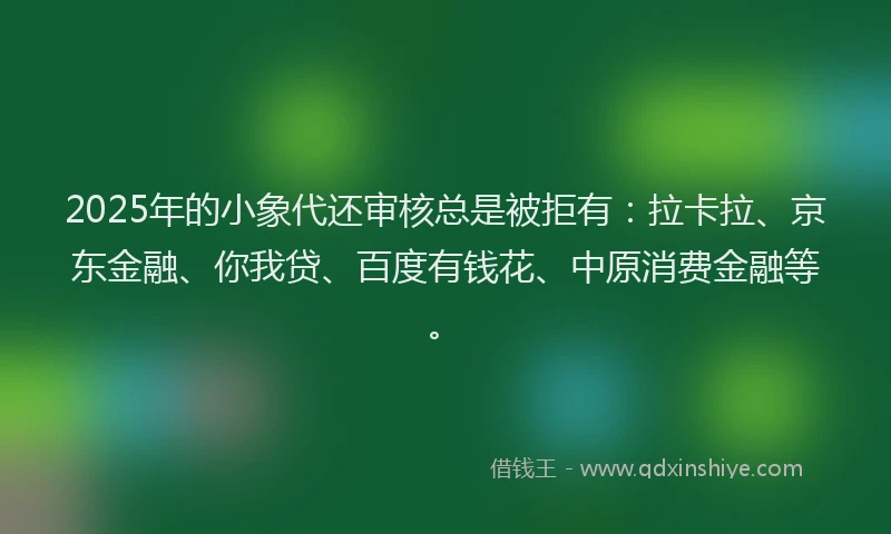 2025年的小象代还审核总是被拒有：拉卡拉、京东金融、你我贷、百度有钱花、中原消费金融等。
