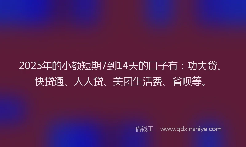 2025年的小额短期7到14天的口子有：功夫贷、快贷通、人人贷、美团生活费、省呗等。
