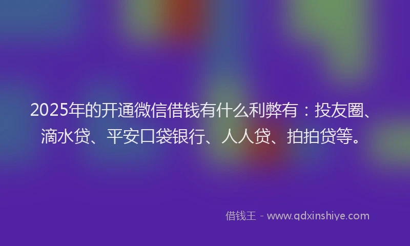 2025年的开通微信借钱有什么利弊有：投友圈、滴水贷、平安口袋银行、人人贷、拍拍贷等。