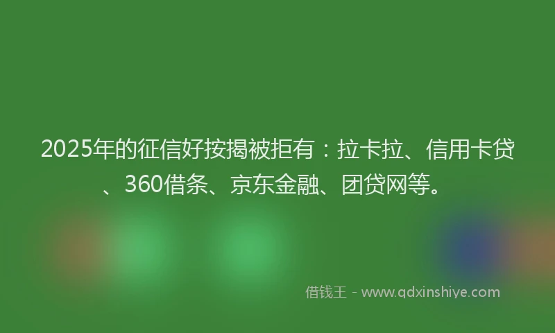 2025年的征信好按揭被拒有：拉卡拉、信用卡贷、360借条、京东金融、团贷网等。