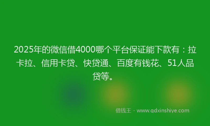 2025年的微信借4000哪个平台保证能下款有：拉卡拉、信用卡贷、快贷通、百度有钱花、51人品贷等。