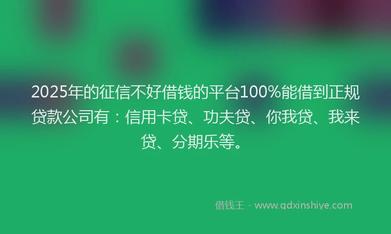 2025年的征信不好借钱的平台100%能借到正规贷款公司有：信用卡贷、功夫贷、你我贷、我来贷、分期乐等。