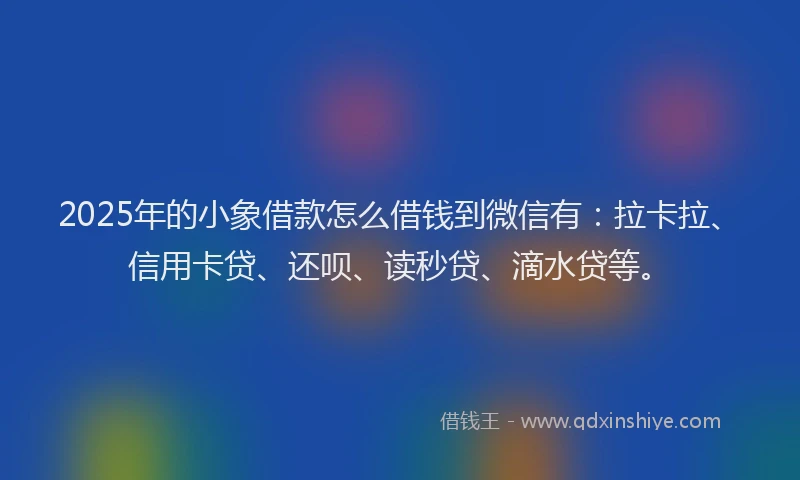2025年的小象借款怎么借钱到微信有：拉卡拉、信用卡贷、还呗、读秒贷、滴水贷等。