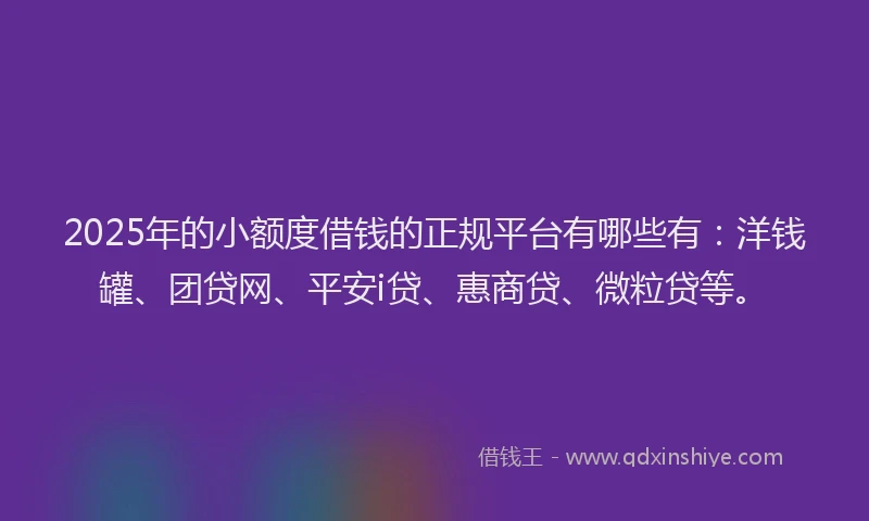 2025年的小额度借钱的正规平台有哪些有：洋钱罐、团贷网、平安i贷、惠商贷、微粒贷等。