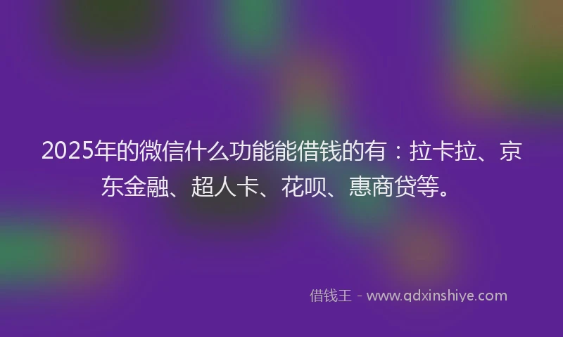 2025年的微信什么功能能借钱的有：拉卡拉、京东金融、超人卡、花呗、惠商贷等。
