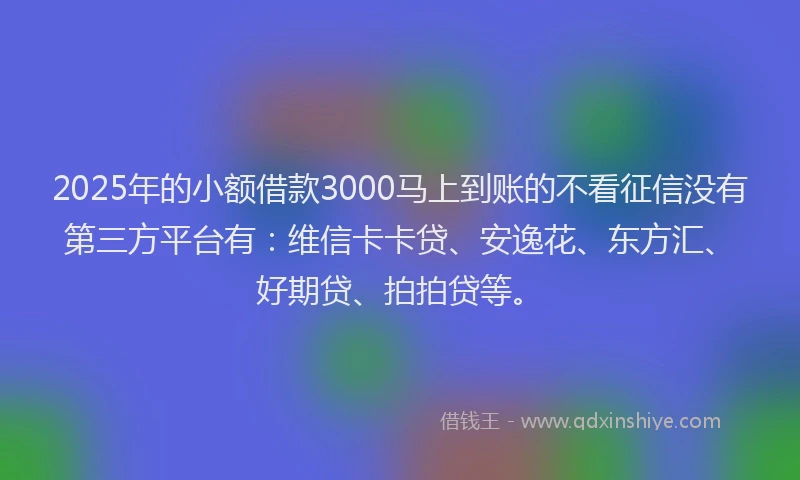 2025年的小额借款3000马上到账的不看征信没有第三方平台有：维信卡卡贷、安逸花、东方汇、好期贷、拍拍贷等。