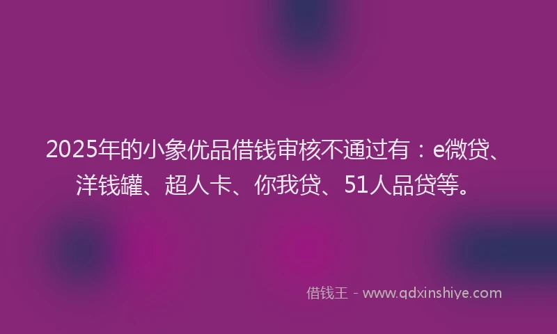 2025年的小象优品借钱审核不通过有：e微贷、洋钱罐、超人卡、你我贷、51人品贷等。