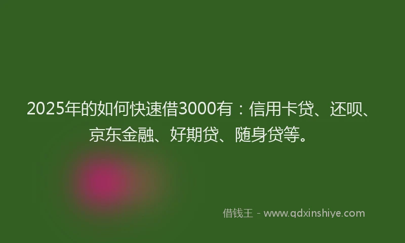 2025年的如何快速借3000有：信用卡贷、还呗、京东金融、好期贷、随身贷等。