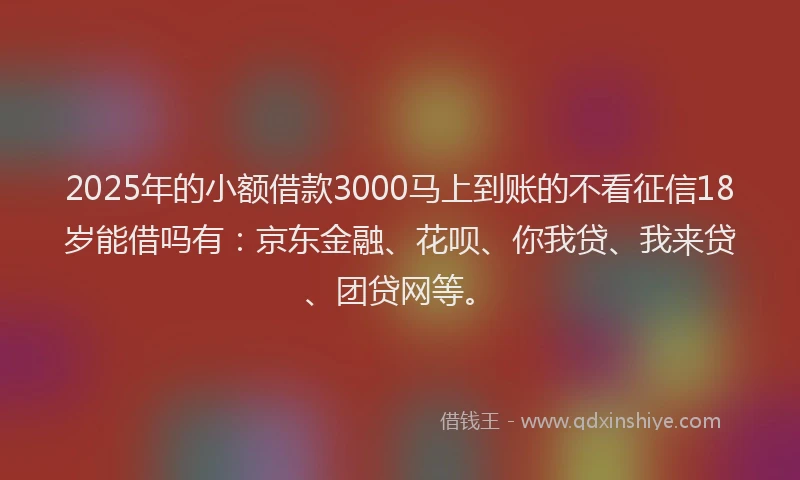 2025年的小额借款3000马上到账的不看征信18岁能借吗有：京东金融、花呗、你我贷、我来贷、团贷网等。