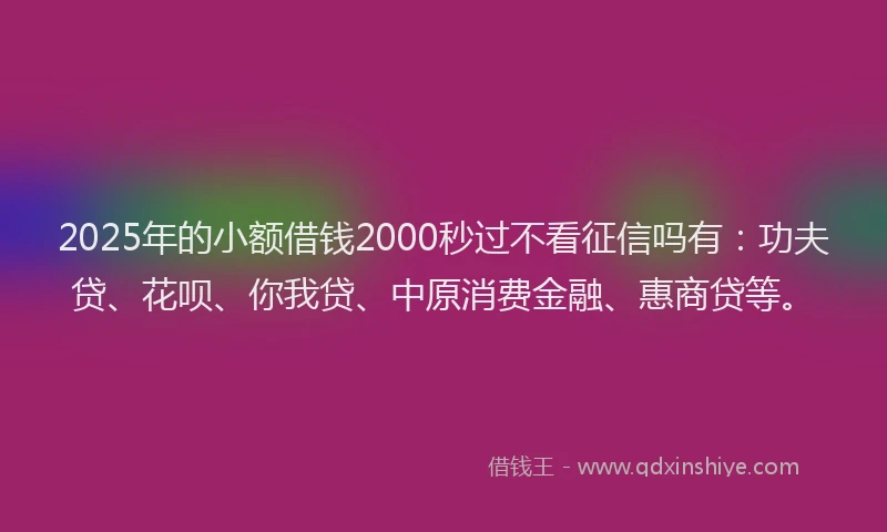 2025年的小额借钱2000秒过不看征信吗有：功夫贷、花呗、你我贷、中原消费金融、惠商贷等。