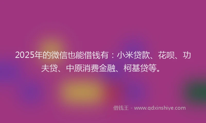 2025年的微信也能借钱有：小米贷款、花呗、功夫贷、中原消费金融、柯基贷等。
