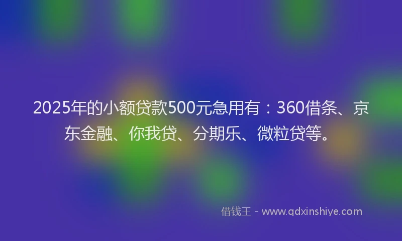 2025年的小额贷款500元急用有：360借条、京东金融、你我贷、分期乐、微粒贷等。