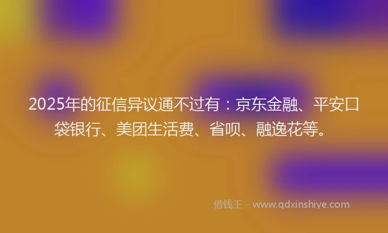 2025年的征信异议通不过有：京东金融、平安口袋银行、美团生活费、省呗、融逸花等。