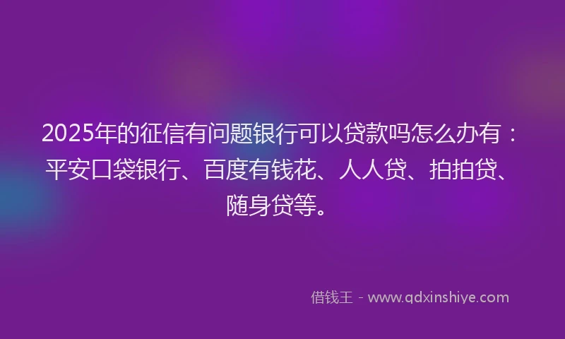 2025年的征信有问题银行可以贷款吗怎么办有：平安口袋银行、百度有钱花、人人贷、拍拍贷、随身贷等。